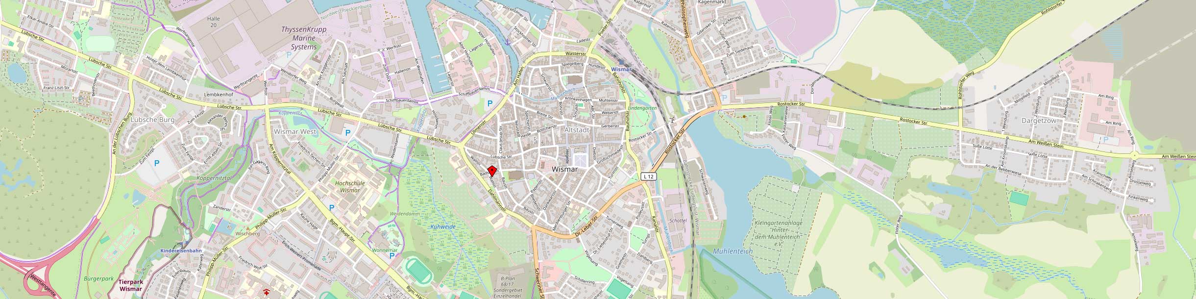 Map of Wismar, Germany, with a marker at Wallstraße 3